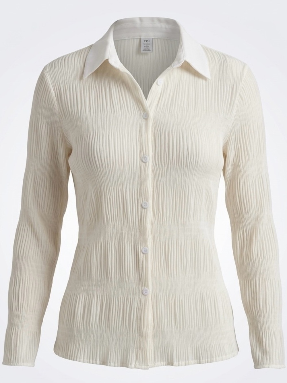 Yoi White Plisse Crinkle Pleated Button Down Blouse Size L Sheer Stretch